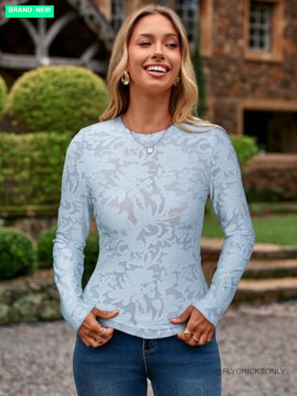 Sheer Mesh Long Sleeve Blouse Lace See Through Sexy Crew Neck Floral Top - Picture 5 of 7